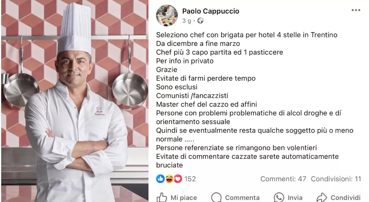 «Seleziono chef, non comunisti o con problemi di orientamento sessuale»: polemica sul post dello stellato Paol