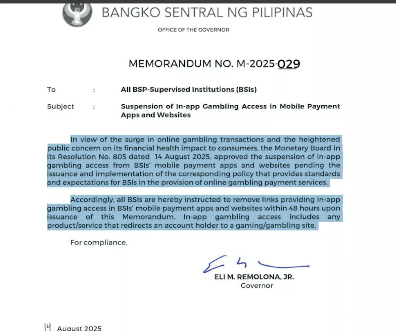 BSP tells banks, e-wallets to remove in-app gambling access links