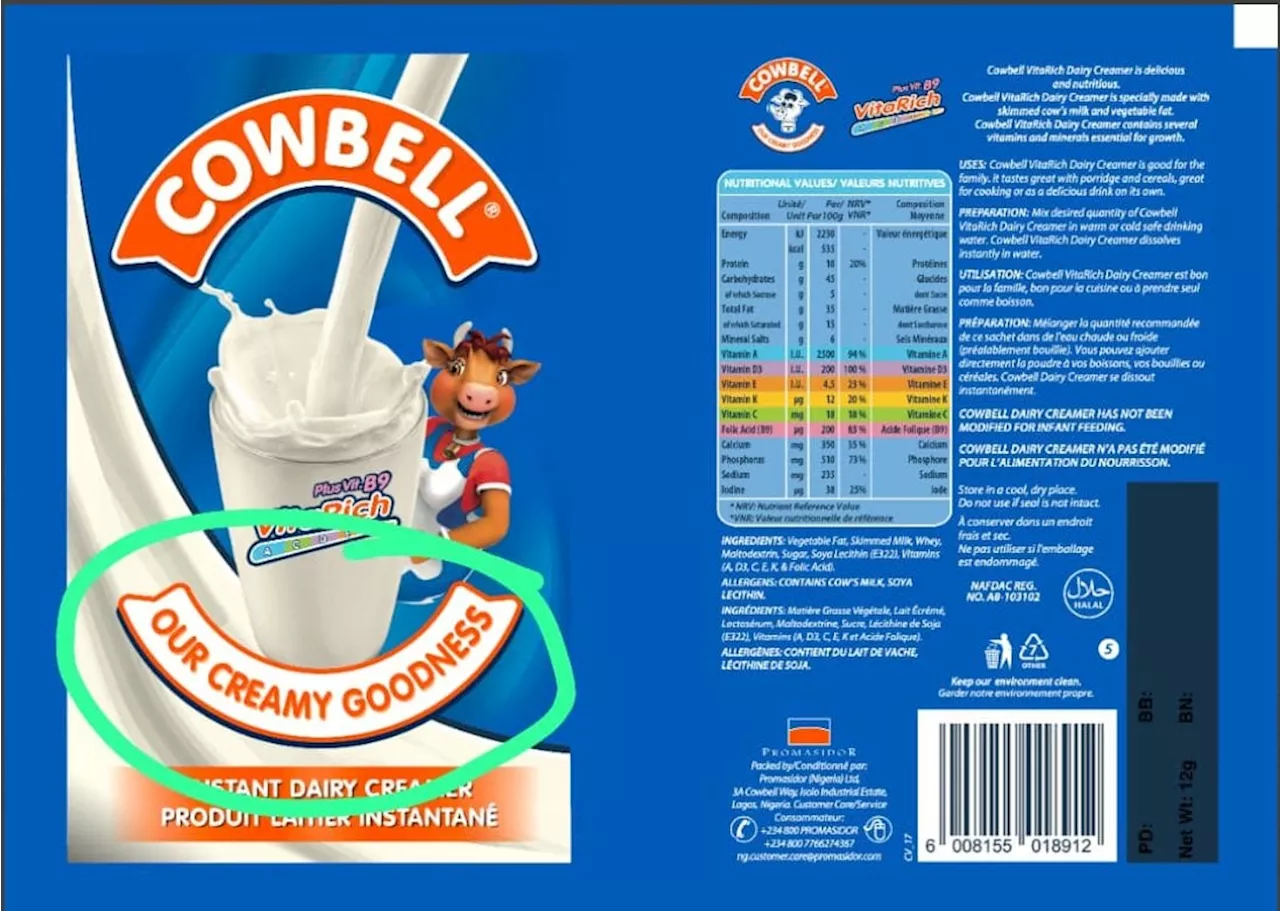 NAFDAC warns Nigerians of counterfeit Cowbell 'Our Milk' sachets in circulation