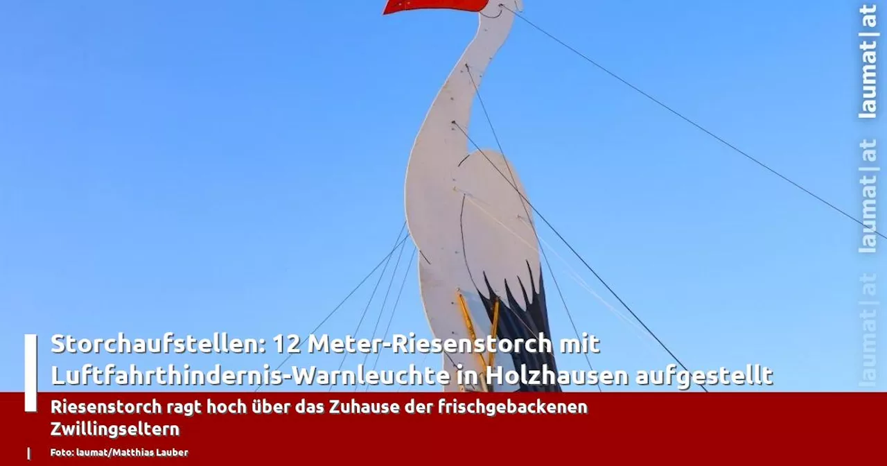 Storchaufstellen: 12 Meter-Riesenstorch mit Luftfahrthindernis-Warnleuchte in Holzhausen aufgestellt