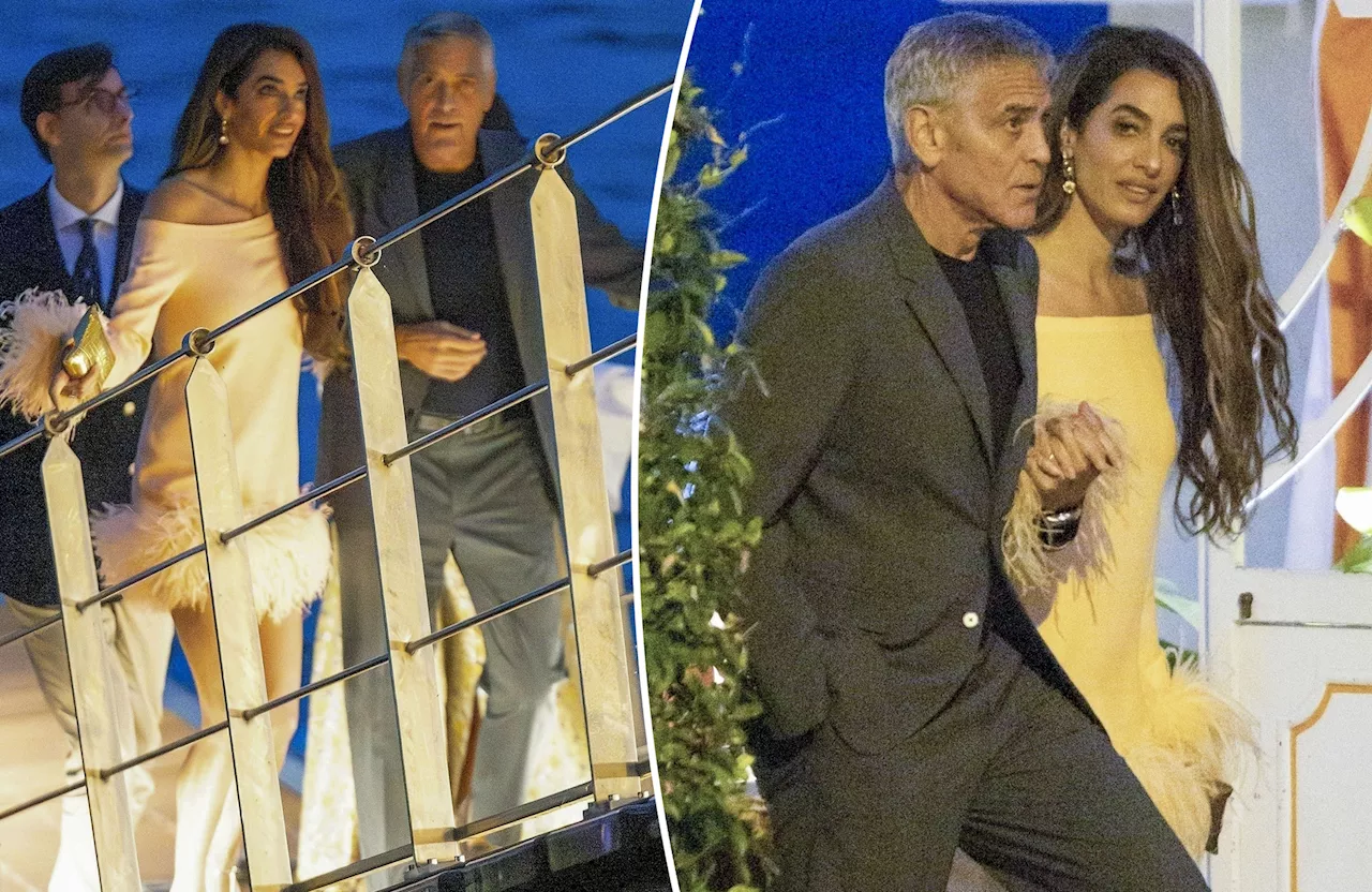 Amal Clooney goes glamorous in feathered minidress for date night with George Clooney