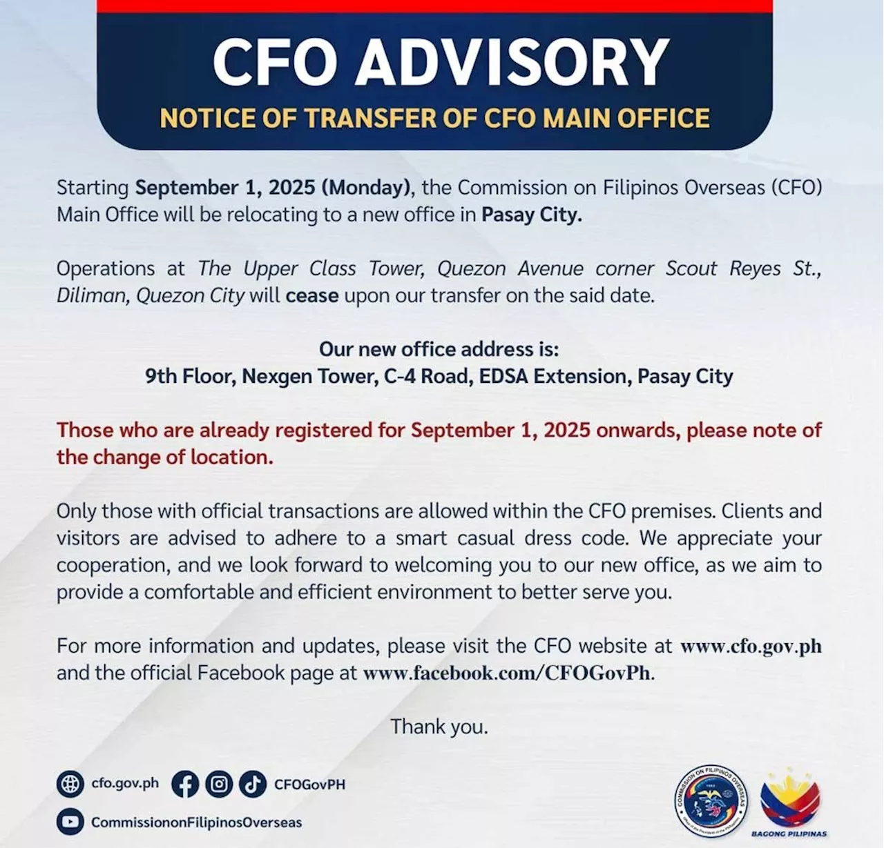 CFO moves office from QC to Pasay